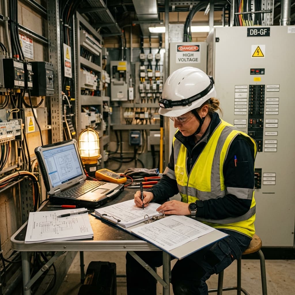 Elettricista professionista che compila e firma la dichiarazione di conformità di un impianto