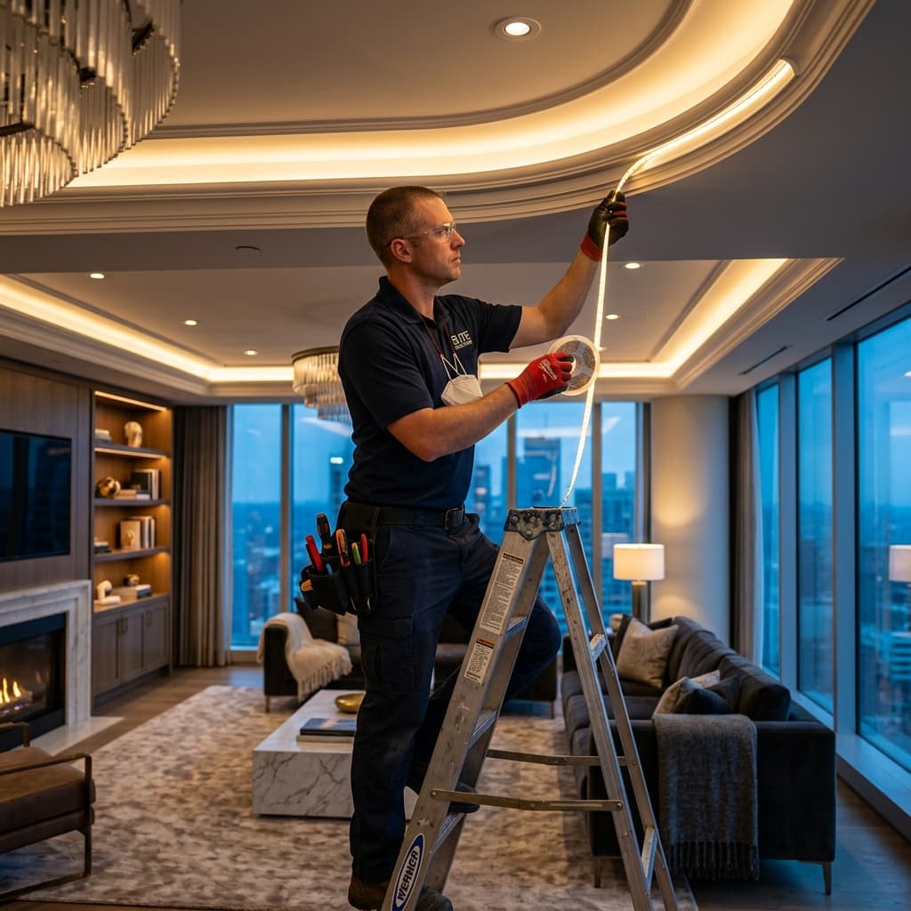 Elettricista professionista che installa strisce LED moderne sul soffitto di un salotto di lusso