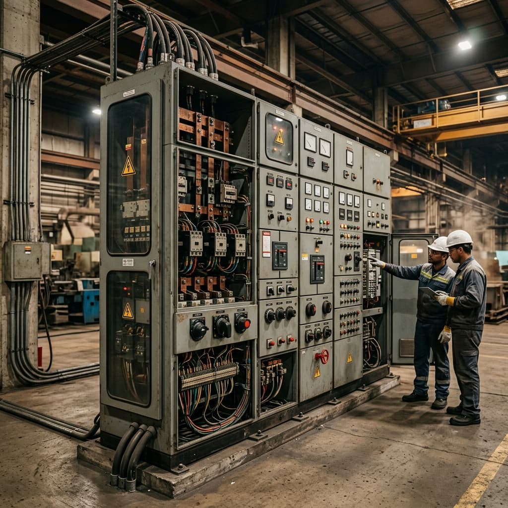 Tecnico elettricista specializzato che ispeziona un quadro elettrico industriale