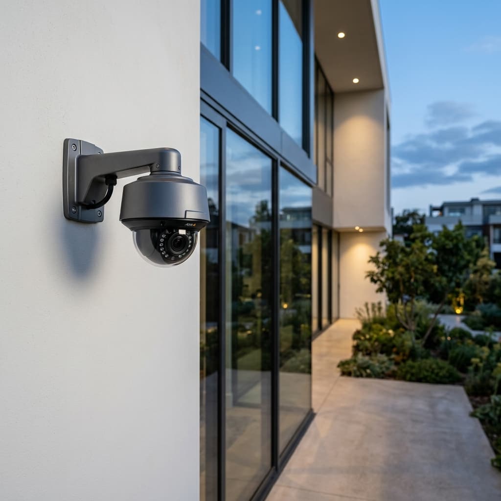 Tecnico elettricista che installa una telecamera di videosorveglianza e un sistema d'allarme